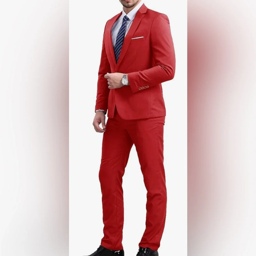YFFUSHI Slim Fit Two Piece One Button Suit Red, With THAI SILK Shirt Like New - Picture 2 of 15